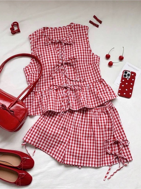 Other - Red Gingham Tie-Front Peplum Top & Skirt Set
